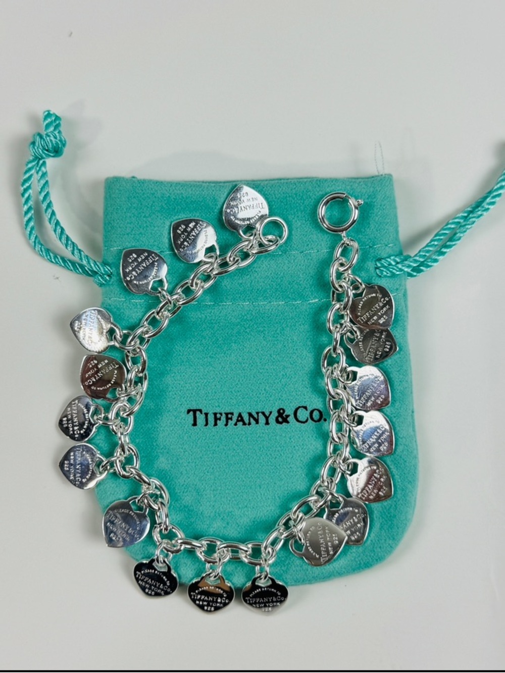 Tiffany & Co. Silver Heart Tag Charm Bracelet - Turquoise Pouch